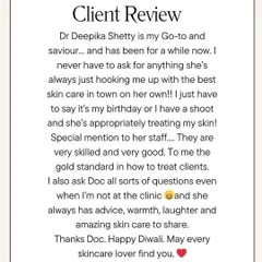 This review from Malishka Mendonsa emphasizes the importance of a proactive and personalized approach to skincare. I believe in anticipating my clients' needs and providing them with the best care, along with a supportive and skilled team.