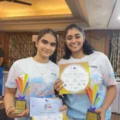 Vedika Kulkarni and her partner Alka Karaiyal all smiles after their well-deserved silver medal win at the state open tournament held at NSCI.