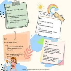 Here’s a detailed look at the first four days of our art camp schedule. We cover everything from fluid art and pop art to DIY crafts like watercolor bookmarks and tote bag painting.