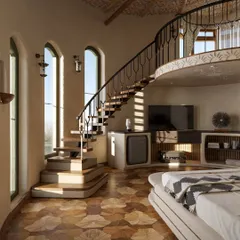 Inside the guest suites, I created multi-level spaces to add dimension and surprise. This duplex room features a gracefully curving staircase and intricate wooden flooring, with large arched windows that flood the room with natural light and connect guests to the views outside.