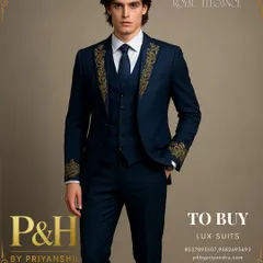 A classic three-piece suit in royal blue, elevated by intricate gold hand-embroidery on the lapels and cuffs. This piece blends Western tailoring with Indian artistry for a truly regal effect.