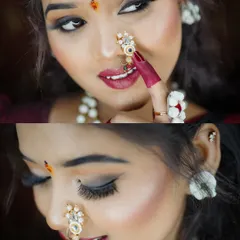 A detailed collage focusing on the expressive eyes, traditional bindi, and ornate nath of a woman dressed for Makar Sankranti.