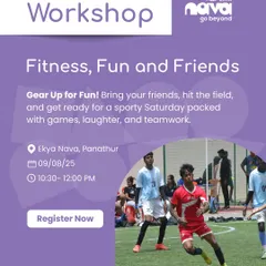 My 'Fitness, Fun and Friends' workshop is all about teamwork and healthy activity. This poster captures the energy of a friendly football match, one of the many sports I offer to encourage camaraderie and physical fitness.