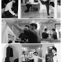 The groom and his groomsmen getting ready. This collage captures the candid, behind-the-scenes moments of friendship and fun, from fixing ties to sharing a laugh before the main event.
