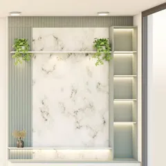 A modern TV unit design that combines a marble-finish back panel with fluted accents and open-lit shelving. The floating console नीचे provides storage while maintaining a light, airy feel.