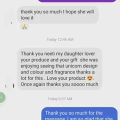 I was so happy to receive this message from a mom whose daughter loved the unicorn soaps I sent. Knowing the design, color, and fragrance brought her joy is the best reward.