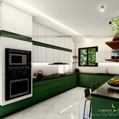 A 3D render of a spacious kitchen for a duplex project in Faridabad. The design uses a bold two-tone scheme with forest green base cabinets and white overhead units for a fresh, modern look.