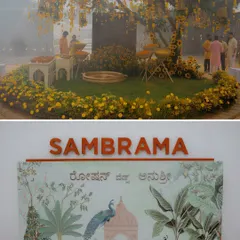 A collage showing the wide view of the Haldi decor and a close-up of the beautifully designed welcome sign for the couple.