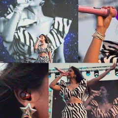 It's all about the details. This collage shows close-ups of the star earring, stacked bracelets, and ruffled top that made Dhvani's performance look so special.
