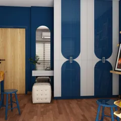 This view of the art studio concept highlights the custom wardrobe with a unique blue and white geometric pattern. It demonstrates our ability to integrate smart, stylish storage solutions into any creative space.