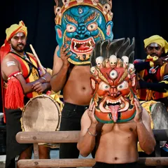 Here, our vibrant, hand-carved Nepali masks are brought to life by traditional Dollu Kunitha dancers from Karnataka. This is a celebration of cultural fusion, where the powerful energy of folk art protects and inspires.