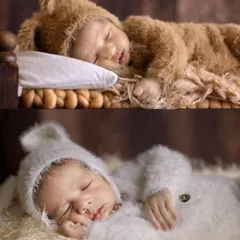 A diptych of two sleeping newborns in adorable fuzzy outfits, one brown and one white. These close-up portraits highlight their peaceful expressions and soft features.