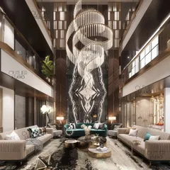 We believe in making a grand statement. This triple-height living room is designed to inspire awe, with a magnificent cascading chandelier that draws the eye upwards and book-matched marble that creates a stunning focal point, showcasing our expertise in large-scale luxury design.
