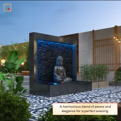 A harmonious blend of peace and elegance for a perfect evening. This outdoor space features a beautiful Buddha water fountain, creating a tranquil and spiritual atmosphere.