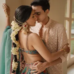 A romantic moment from Shubhangi and Mayank's Haldi. The makeup was kept fresh, waterproof, and minimal to let her natural joy shine through during the fun filled celebrations, while still looking polished for the camera.