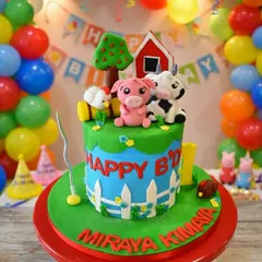 I love bringing imaginative worlds to life, like this vibrant barnyard-themed cake for a child's birthday. Every detail, from the hand-sculpted farm animals and red barn to the tiny picket fence, is crafted from edible fondant, making it a playful and delicious centerpiece.