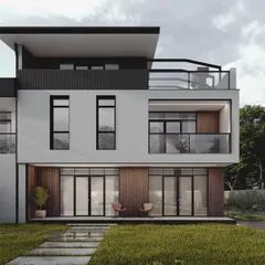 We designed this multi-level residence with a mix of white render, dark cladding, and wood accents to create visual interest. The structure includes multiple balconies and a rooftop terrace, maximizing outdoor living space within a contemporary architectural framework.