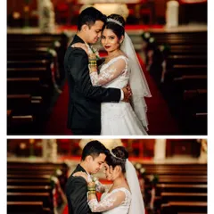 A diptych of the couple inside a beautiful church. These portraits capture both a direct look and an intimate moment against the backdrop of the altar.