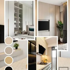 This collage shows how we bring different elements together to create a cohesive home design. It connects the wardrobe and kitchen finishes, demonstrating how our material palette can be used to create a unified aesthetic throughout your space.
