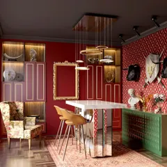 When the client wanted "Red on Red," we created this unique and classy eclectic dining space. A bold red wallpapered accent wall is balanced with a green console, a mirrored-base table, and a vintage rug to tie it all together.