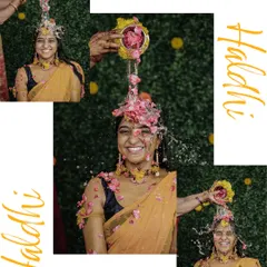 The Haldi ceremony is all about vibrant color and unrestrained fun. This collage shows the progression of joy, from the first splash of floral water to the final, happy laugh. It’s pure energy.