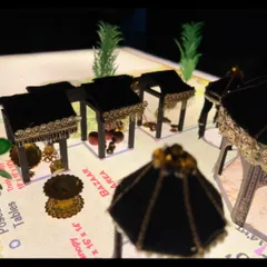 A detail from the model showing the 'Bazaar Area' with miniature stalls. Every element of the event is planned and crafted, right down to the smallest market stall.