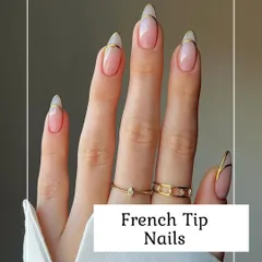 This is my modern take on a classic. The elegant French manicure is updated with a delicate gold outline along the tip, creating a refined and chic look on beautifully shaped almond nails.