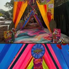 The entrance to our Pop Carnival theme, featuring a tunnel of vibrant drapes and custom-printed flooring. We ensure every part of the guest journey is an immersive experience.