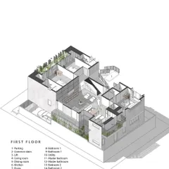 An axonometric drawing of the first-floor plan for the 'Triode' apartments. This type of drawing allows us to see the layout in 3D, helping us to refine the spatial relationships between rooms and ensure a functional design.