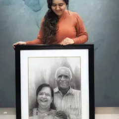 This is the finished portrait of my Naana and Naani, which I named "Laadvo". It's a hand-drawn family portrait created with graphite and charcoal on high-quality Fabriano paper to ensure it lasts for generations. Each line is filled with love and memories.