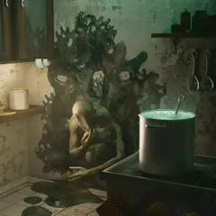 The "Blind Thief," a creature that emerges from a wall, leaving a slimy residue. I designed this monster to be an intruder, focusing on its strange, amorphous body and the unsettling way it invades a domestic space like a kitchen.