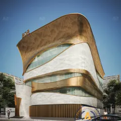 This 800 sq-yd commercial building on Link Road stands out with its curved forms and volumes. The warm gold and crisp white palette offers a modern yet classic look, while the aluminum jaali facade adds interesting patterns of light and shadow.