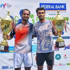 NTC's Digvijay Pratap Singh with his finalist trophy after a hard-fought match against Asian Games medalist Ramkumar Ramanathan in the finals of the ITF 25k Men's Tournament in Dharwad.