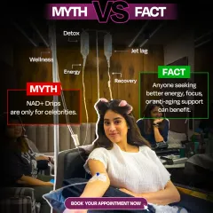 Myth: NAD+ Drips are only for celebrities. Fact: Anyone seeking better energy, focus, or anti-aging support can benefit. This therapy helps boost energy, improve mental clarity, and support cell repair.