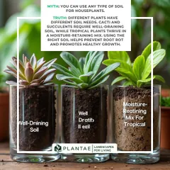 A common mistake is using the same soil for all plants. This graphic explains the difference: cacti need well-draining soil, while tropical plants prefer a moisture-retaining mix. Using the correct soil is crucial for preventing root rot and ensuring healthy growth.