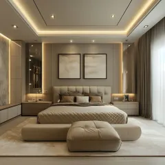Symmetry and soft lighting define this elegant master bedroom. We used recessed ceiling lights and mirrored panels to enhance the sense of space, while the tufted headboard and matching ottoman add a layer of plush comfort.
