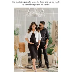This portrait captures the quiet connection between expecting parents. Set against a warm, bohemian backdrop, the focus is on their gentle embrace and the peaceful anticipation of meeting their baby.