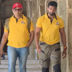 Walking through the temple corridors with Dayananda sir, who shared fascinating details about the history of Lepakshi during our tour.