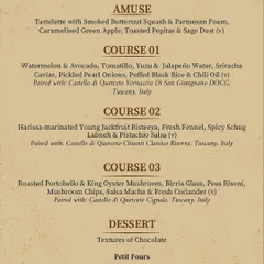 The vegetarian menu for our wine dinner, with thoughtful pairings like Watermelon Aguachile with Vernaccia and Jackfruit Bisteeya with Chianti Classico.