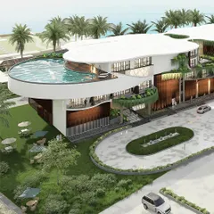 For this seaside business hotel in Mangaluru, I designed a rooftop infinity pool that offers panoramic views of the ocean. The architecture's fluid, wave-like forms and the integration of green spaces create a luxurious, resort-style atmosphere that connects guests with the coastal environment.