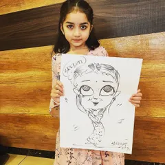 A young girl proudly holding up her finished caricature. I love drawing for kids and capturing their cute expressions in a fun, cartoonish style.