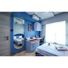 This daughter's bedroom is designed for a music lover, with a dedicated space for her keyboard. The blue color scheme and full-length mirror make the room feel vibrant and spacious.
