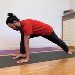 Here in this low lunge, the focus is on connecting your movement with the sound of your breath. Whether you are in a simple or complex posture, the breath is the key. It is the anchor that creates stability, comfort, and balance in your asana practice.