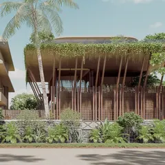 A close-up of "The Sanctuary" shows how the green roof and timber screen facade create a sustainable and visually soft structure. This building, an extension to an existing home, serves as an urban oasis in the middle of Hyderabad city.