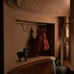 A curving, lime-plastered wall creates a flowing pathway through the House of Masaba store. A single garment is displayed like a work of art, highlighting the space's gallery-like quality and its focus on celebrating individual pieces.