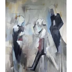 A figurative abstract painting created for a client's specific interior space. The piece is intentionally thought-provoking, with ambiguous forms that encourage viewers to find their own meaning in the scene.