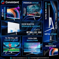 This 32-inch curved LED monitor offers an immersive viewing experience with its Full HD 1920x1080 resolution and ultra-slim design. It's wall-mountable and includes built-in speakers, making it a versatile display for professional work, streaming, and gaming.