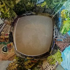 A unique, panoramic recreation of Mumbai's Horniman Circle. This piece was an experiment to capture the 360-degree feel of being in the middle of this historic and beautiful public space, surrounded by greenery and architecture.