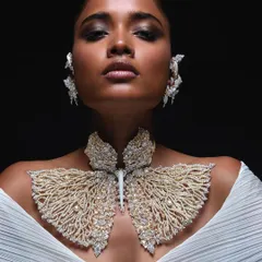 Photographing this exquisite butterfly necklace for Bina Goenka was about capturing artistry with artistry. The goal was to let the intricate details of the diamonds and pearls shine, using focused light to create a powerful, minimalist beauty portrait.