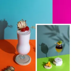 A creative collage of two different cocktails, a creamy pina colada and a layered drink, showcasing variety in a single, dynamic image.